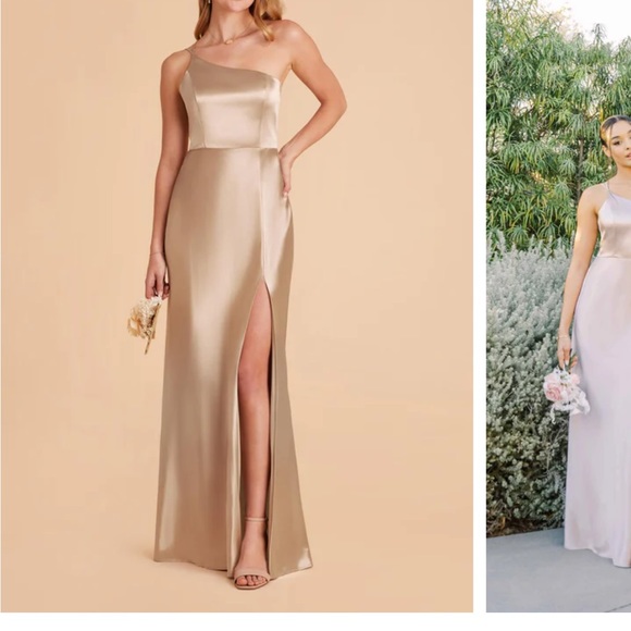 Birdy Grey Dresses & Skirts - Birdy Grey One Shoulder Neutral Champagne Shiny Satin Dress